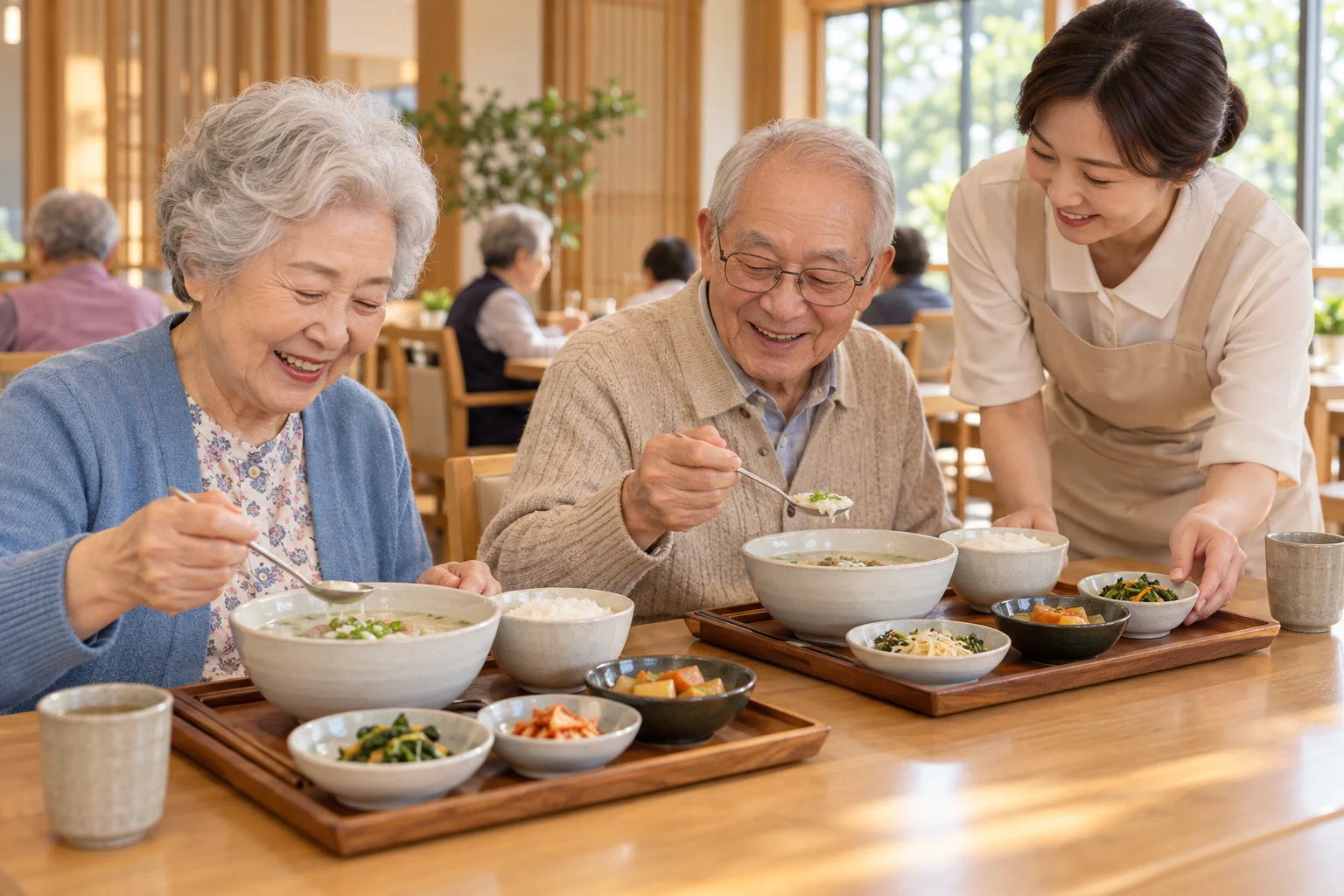 돌봄 선생님과 함께 편안한 식사 시간을 보내는 어르신들
