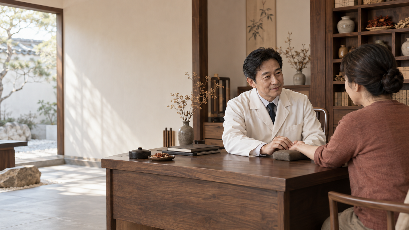 환자의 맥을 살피며 상담하는 한의사