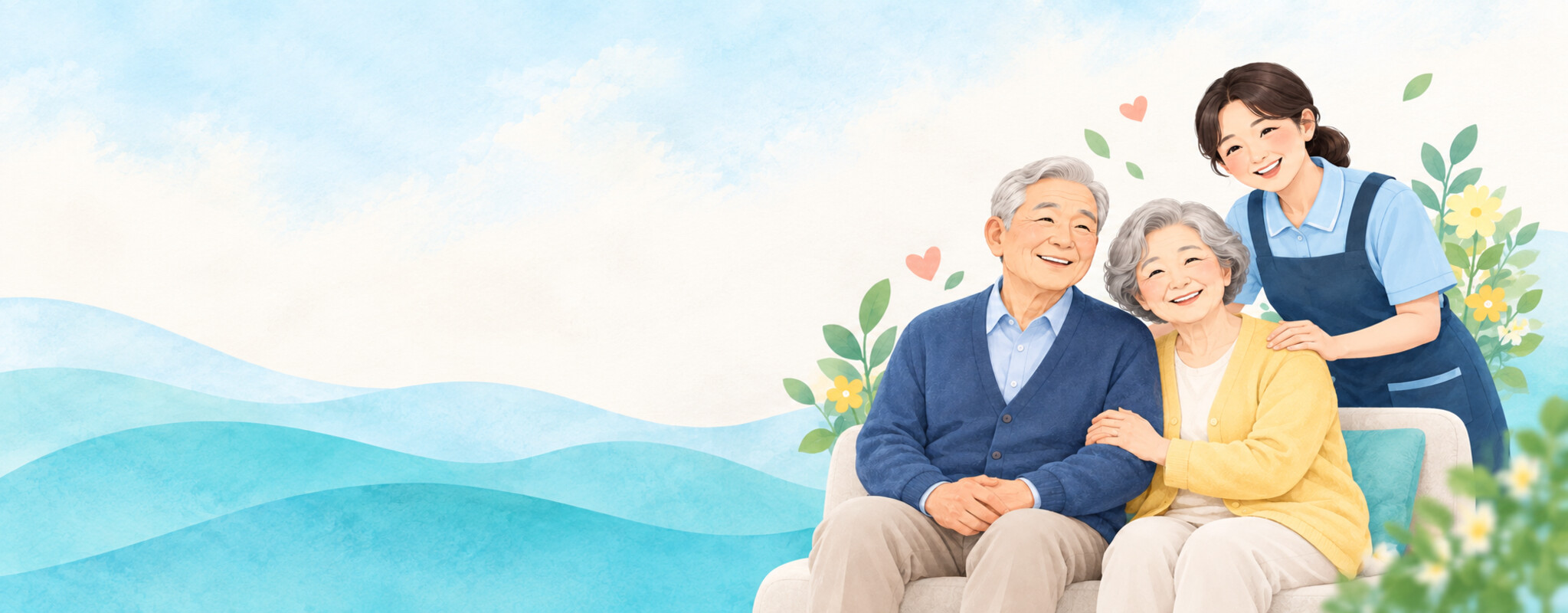 한국인 어르신 부부와 요양보호사 일러스트
